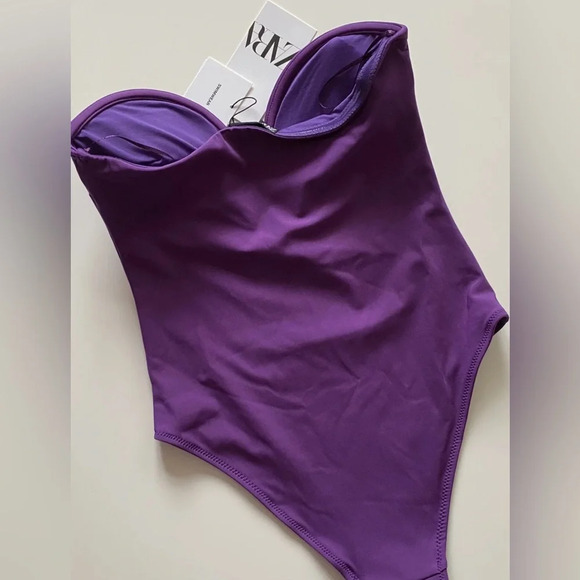 ZARA Sexy Purple Corset Neck Strapless Swimsuit Size XL Blogger Fave NWT! - Picture 5 of 10